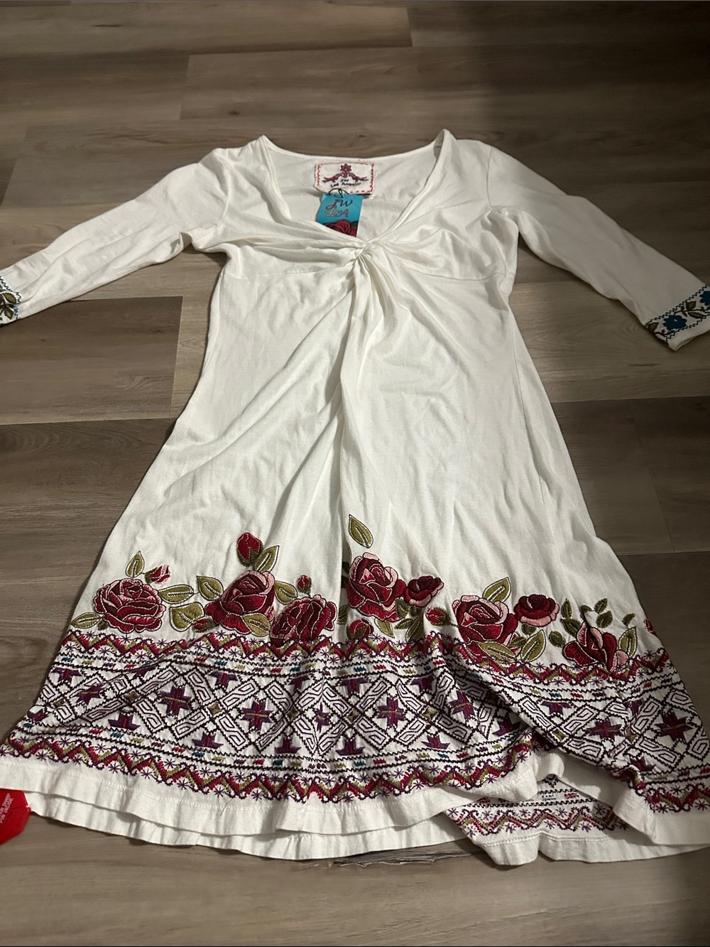 NWT - Johnny Was White Dress with Red Rose Embroidery